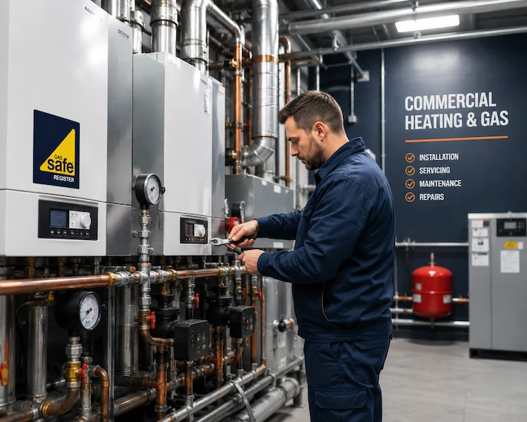 Gas Safe engineer carrying out commercial heating maintenance in Bristol